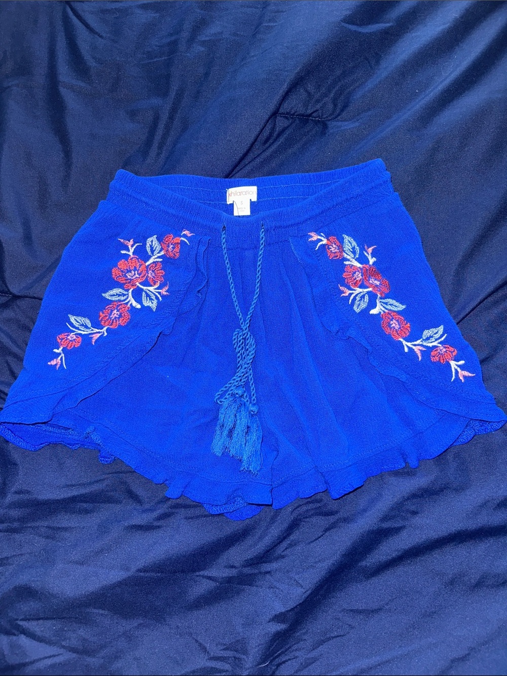 Target Royal Blue High-Waist Shorts with Red Floral Embroidery